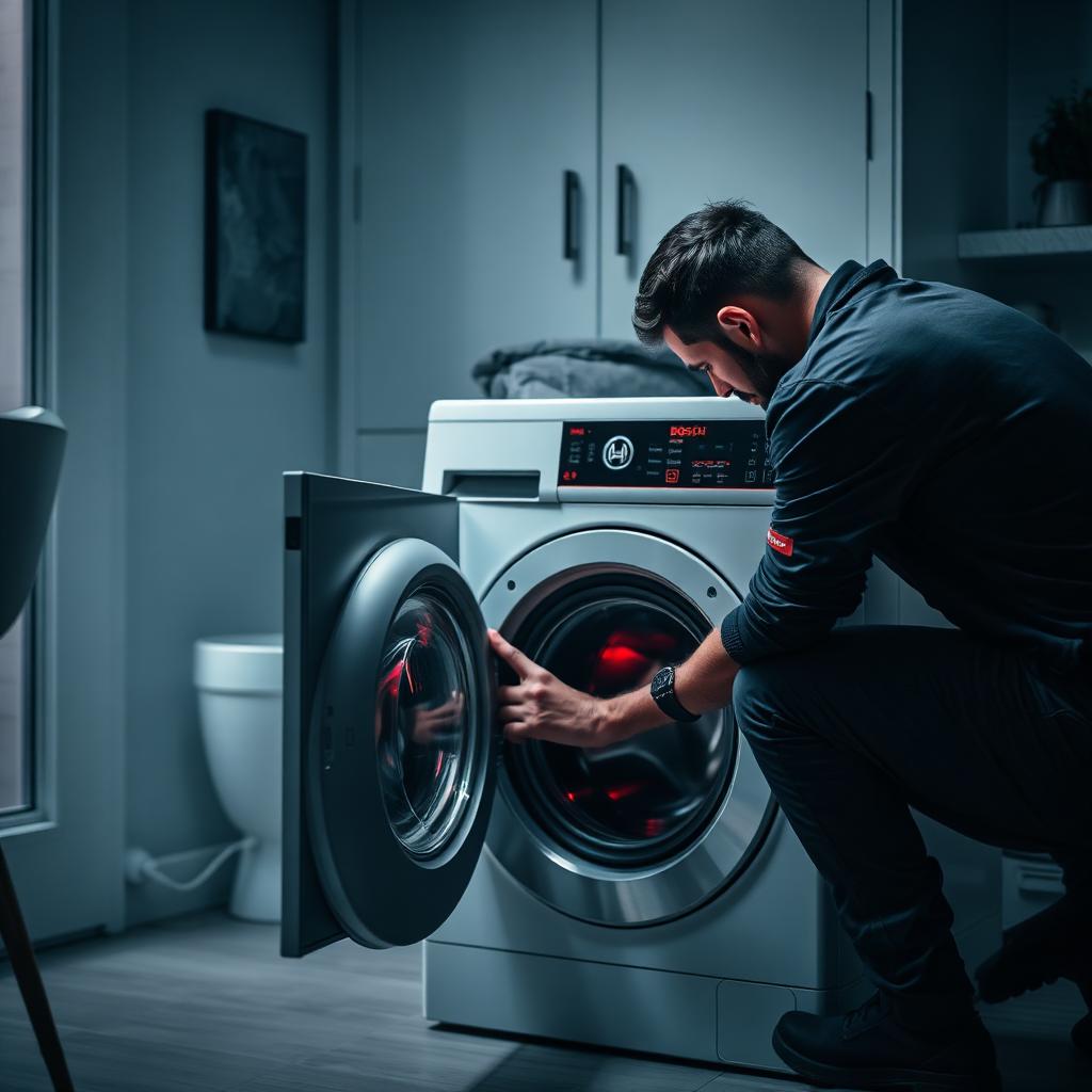 تعمیرکار بوش در حال سرویس لباسشویی